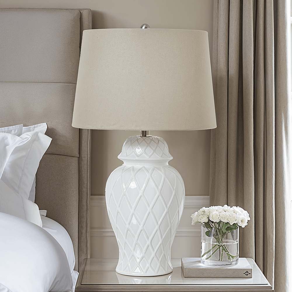 Stratford Ceramic Ginger Jar Lamp with Neutral Linen Shade