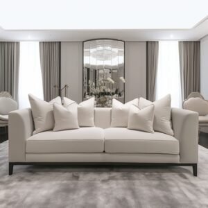 Timeless Cream Velvet 3 Seater Pillowback Sofa, With Black Wooden Plinth