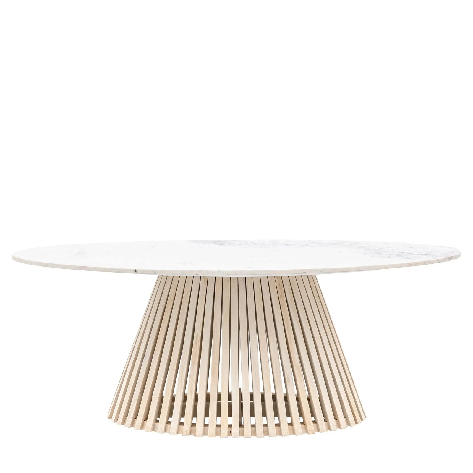 Tova Whitewash Slatted Wood Oval Dining Table with Marble Top