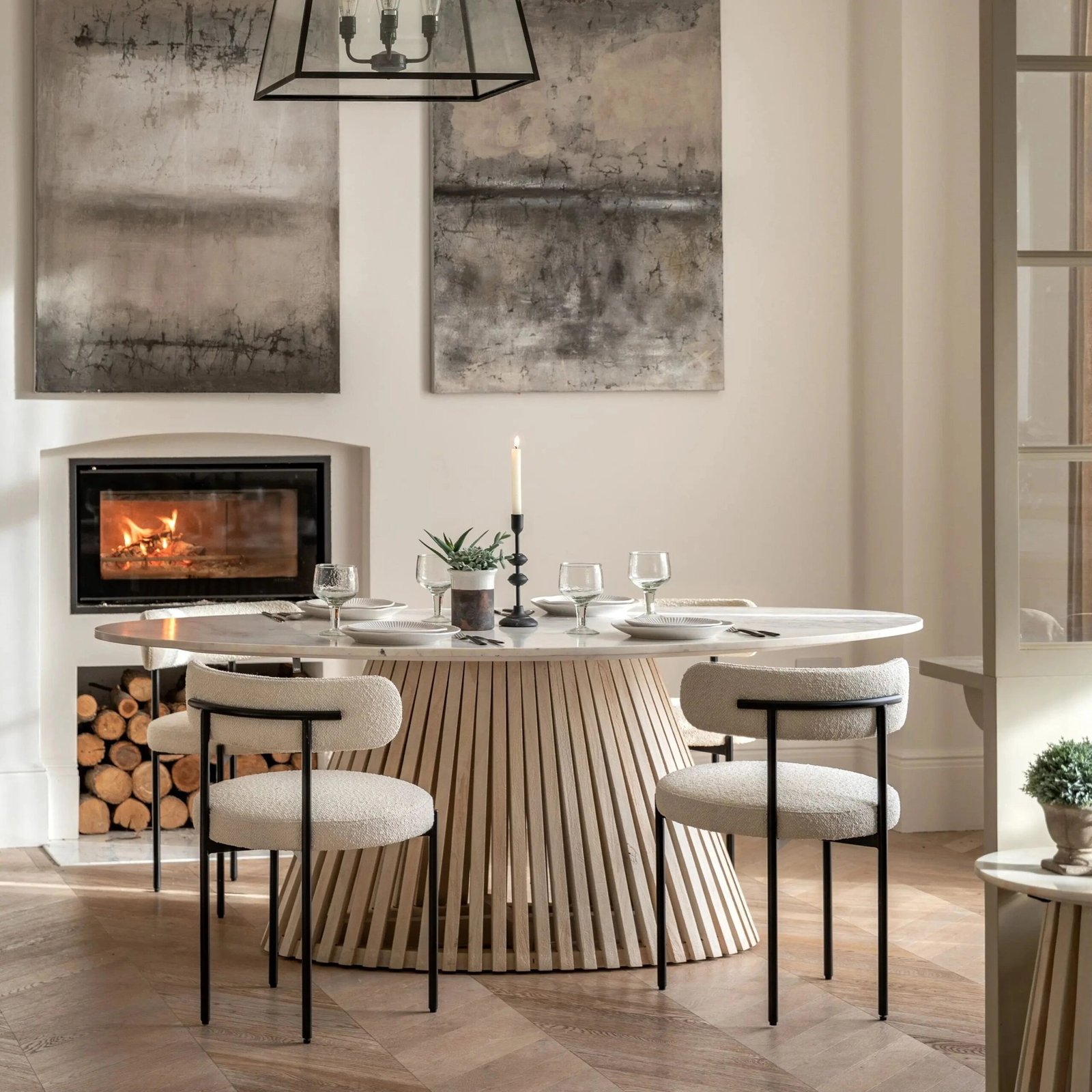 Tova Whitewash Slatted Wood Oval Dining Table with Marble Top