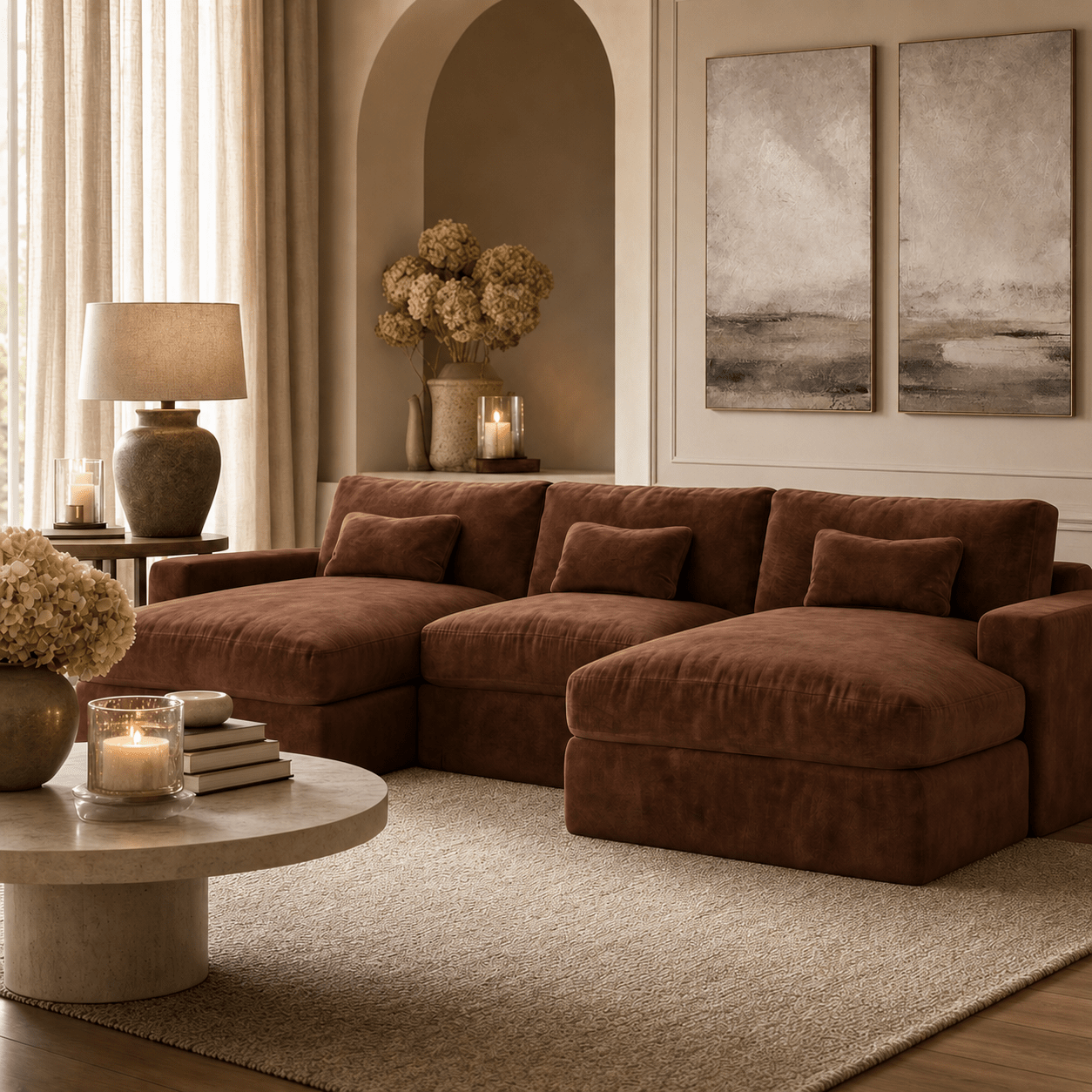 Tribeca Rust Velvet Large U Shape Sofa