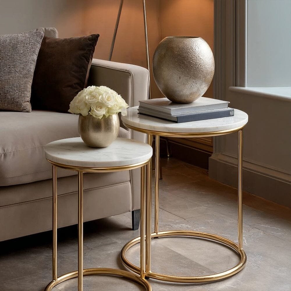 Verona White & Gold Round Set of 2 Side Tables