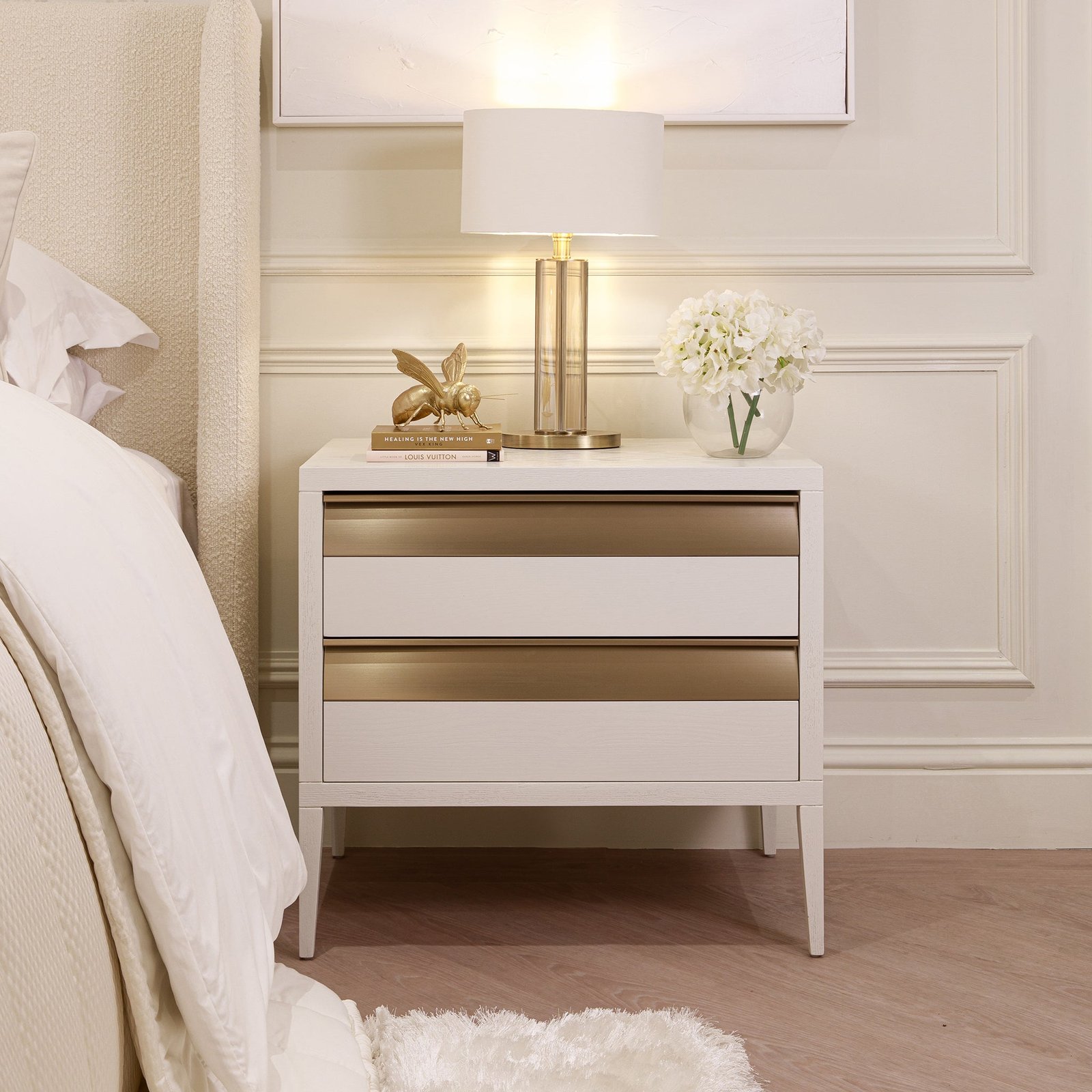 Zayd White & Bronze Premium Large Bedside Table
