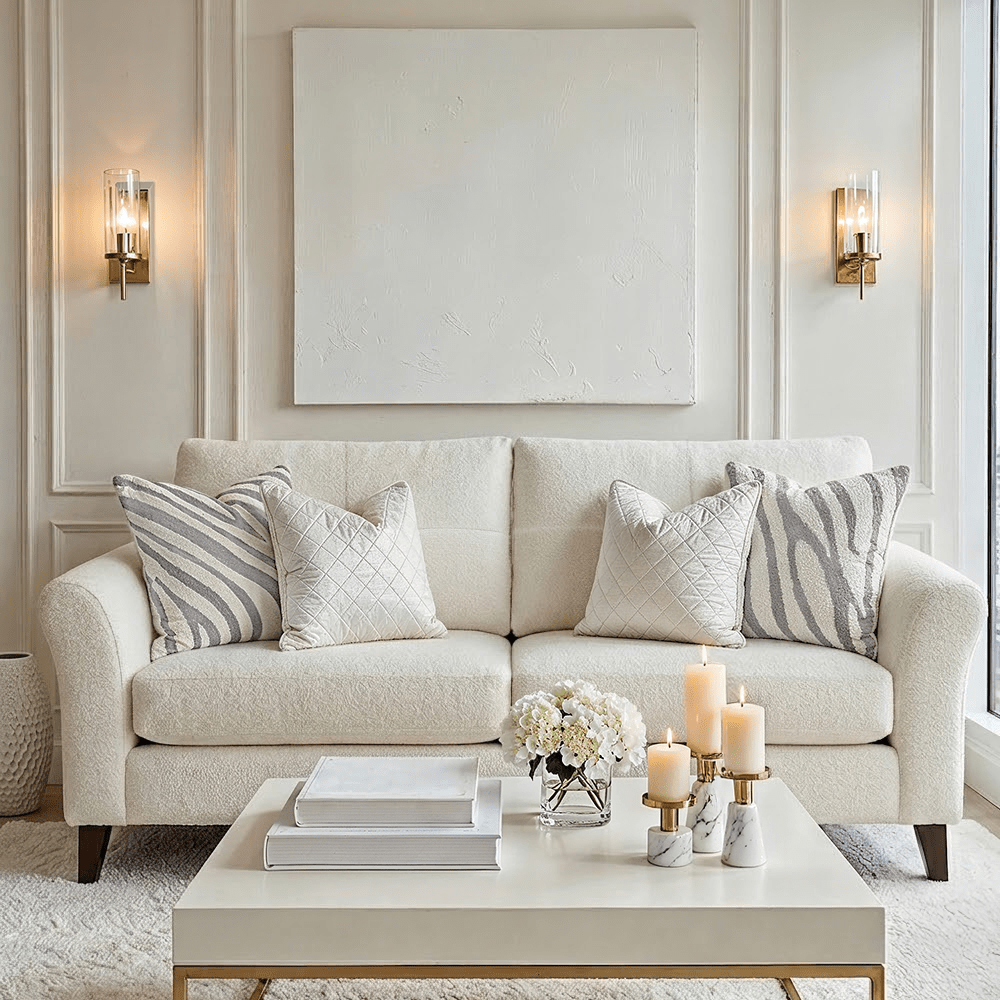Zelda Cream Textured Chenille 2 Seater Sofa with Patterned Accent Cushions