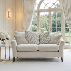Zelda Cream Textured Chenille Pillow Back 2 Seater Sofa with Patterned Accent Cushions