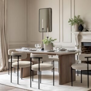 Zoe Neutral Ribbed Wooden Rectangular Dining Table with Marble Top